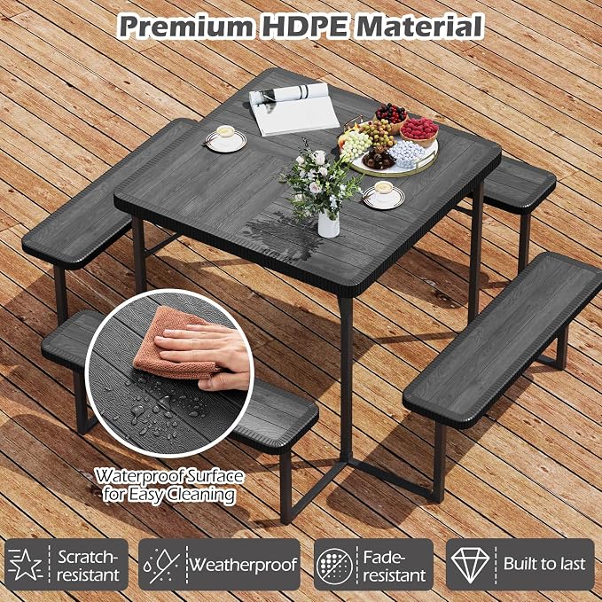 4-8 Person Picnic Table Set, Umbrella Hole, Heavy-Duty Metal Frame & 4 Benches, HDPE Square Outdoor Dinning Table & Benches for Outside, Patio, Garden, Backyard, Porch (Black)