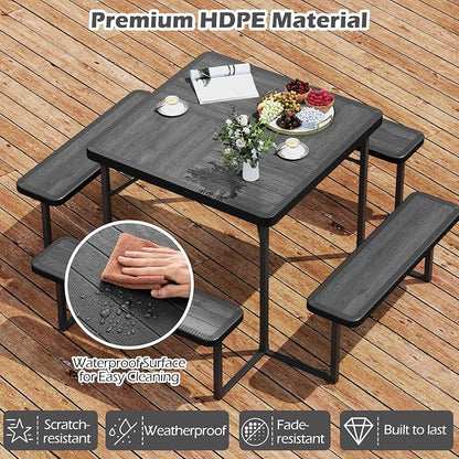 4-8 Person Picnic Table Set, Umbrella Hole, Heavy-Duty Metal Frame & 4 Benches, HDPE Square Outdoor Dinning Table & Benches for Outside, Patio, Garden, Backyard, Porch (Black)