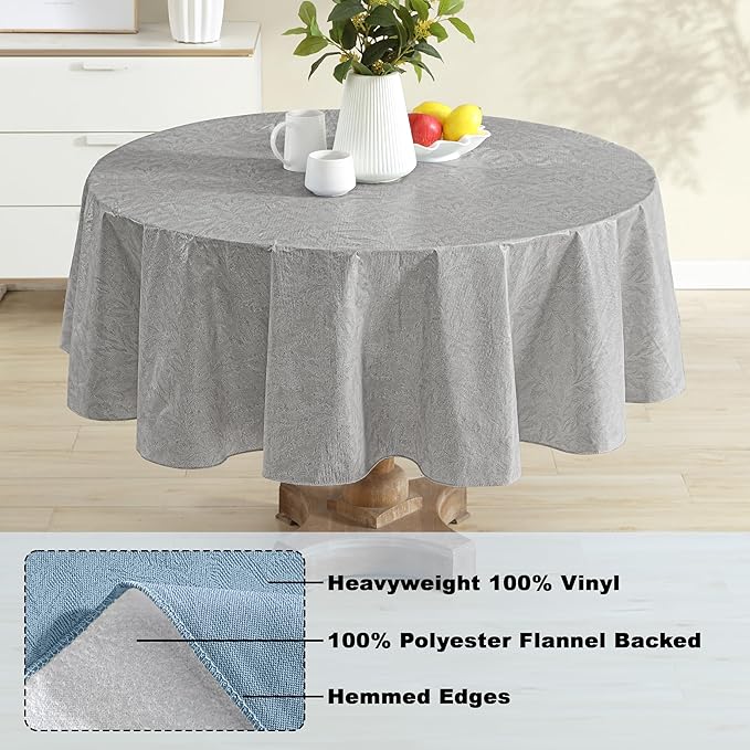 Newbridge Napa Leaf Grey Vinyl Flannel Backed Tablecloth, 70 Inch Round, Hotel Quality Waterproof Indoor Outdoor Table Cover for Kitchen, Patio, Dining, BBQ