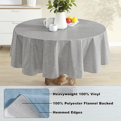 Newbridge Napa Leaf Grey Vinyl Flannel Backed Tablecloth, 70 Inch Round, Hotel Quality Waterproof Indoor Outdoor Table Cover for Kitchen, Patio, Dining, BBQ