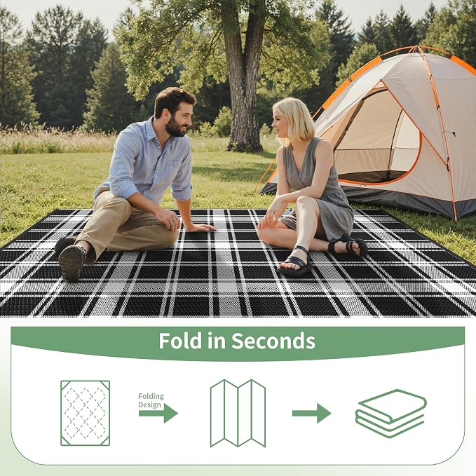 GENIMO Outdoor Rug, Waterproof Plastic Rugs for Patio, 6'x9' Black Plaid | Outside Larger Modern Carpet Mat for Porch Decor, Deck, Balcony, Camping, RV, Backyard, Picnic, Beach, Reversible, Foldable
