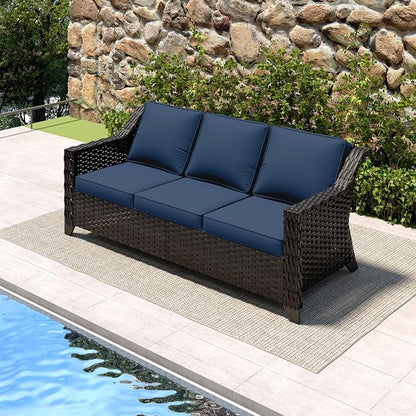 77'' Patio Sofa, All Weather Outdoor Rattan Wicker 3-Seat Sofa High Back Couch with Premium Cushions for Garden Backyard Porch(Brown/Navy)