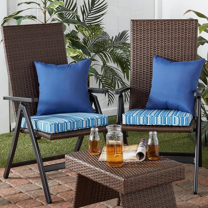 Outdoor 18 inch Square Patio Dining Chair Pads – Comfortable Fiber-Filled Seat Cushions with Ties, Reversible Polyester Fabric - Sapphire Stripe, Set of 4