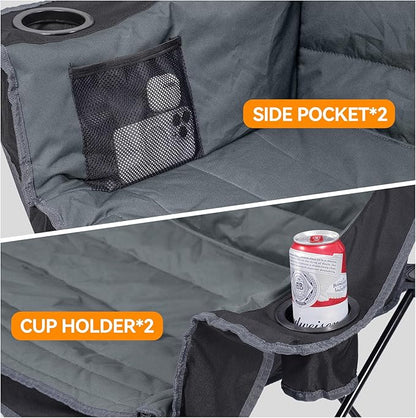 Huskfirm 3 Person Camping Chairs Folding Double Camp Chair for Adults Black | Oversized Loveseat Camping Chair Padded Heavy Duty Camping Couch for Outdoor Lawn with Two Cup Holders and Carry Bag