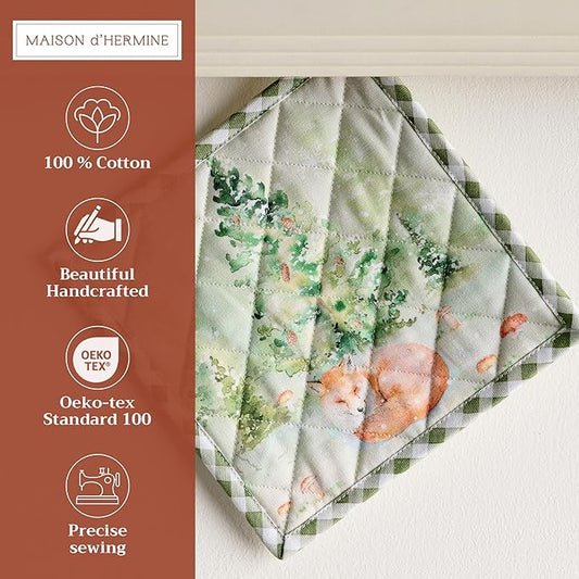 Maison d' Hermine Pot Holders Set 100% Cotton Heat Resistant Potholders 8" x 8" Hot Pads with Loop for Thanksgiving Christmas Decorations BBQ Baking Handling Hot Pans (Pack of 2, Winter Mornings)