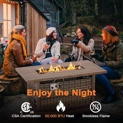 Nuu Garden 43" Propane Fire Pit Table, 50,000 BTU CSA-Listed Rattan Outdoor Gas Fire Pit with Lid & Glass Beads, Smokeless Rectangular Patio Heater Table for Backyard, Deck, Garden, Brown