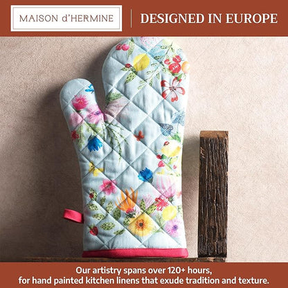 Maison d'Hermine Oven Gloves 100% Cotton Oven Mitt 7" x 13" with Loop Heat Resistant BBQ Cooking Gloves Baking Grilling Kitchen Hotel Home Farmhouse Spring Summer (Pack of 1, Jardin D'Ete - Mint)