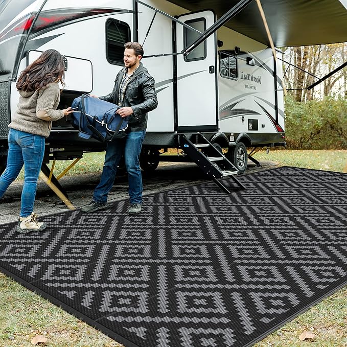 GENIMO Outdoor Rug, Waterproof Plastic Rugs 10'x20' for Camping Black Grey | Outside Larger Modern Carpet Mat for Patio Decor, RV, Porch, Camper, Deck, Picnic, Beach, Backyard, Reversible, Foldable