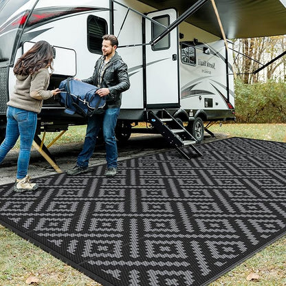GENIMO Outdoor Rug, Waterproof Plastic Rugs 10'x20' for Camping Black Grey | Outside Larger Modern Carpet Mat for Patio Decor, RV, Porch, Camper, Deck, Picnic, Beach, Backyard, Reversible, Foldable