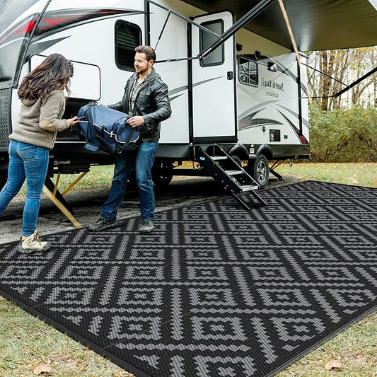 GENIMO Outdoor Rug, Waterproof Plastic Rugs 10'x20' for Camping Black Grey | Outside Larger Modern Carpet Mat for Patio Decor, RV, Porch, Camper, Deck, Picnic, Beach, Backyard, Reversible, Foldable