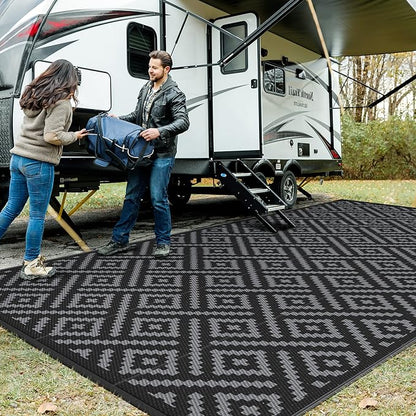 GENIMO Outdoor Rug, Waterproof Plastic Rugs 9'x18' for Camping Black Grey | Outside Larger Modern Carpet Mat for Patio Decor, RV, Porch, Camper, Deck, Picnic, Beach, Backyard, Reversible, Foldable