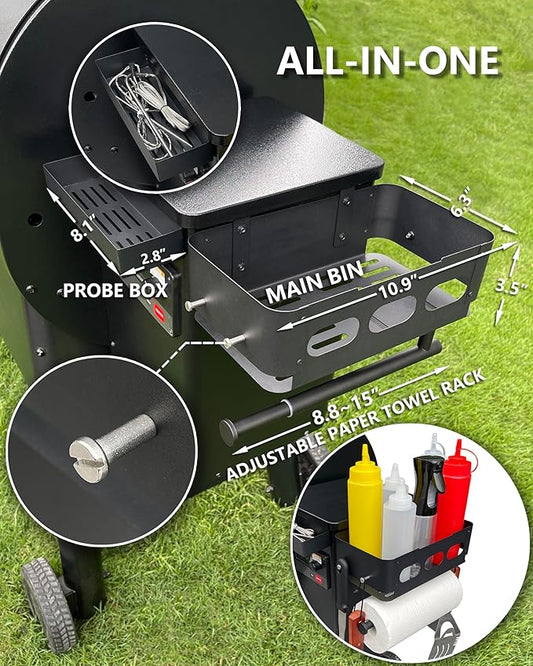 Storage Bin for Traeger Pellet Grill Caddy with Paper Towel Holder, Temperature Probe Box, and Hanging Hooks – Smoker Accessories for Traeger Pro Series 22/34, Ironwood 885/650, Pro 780/575, Pit Boss