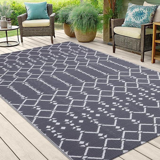 Smiry Outdoor Rug 5x8 ft Waterproof Reversible Boho Mat, Grey | Polypropylene Plastic Straw, Quick Drying, Lightweight Foldable, for Patio, Deck, RV Camping, Backyard and Indoor Outdoor Use