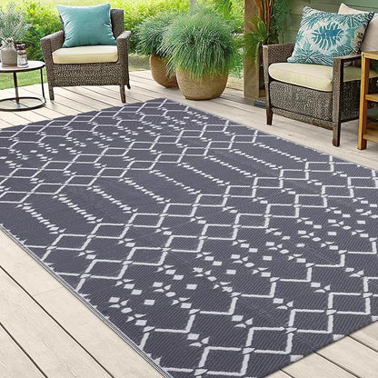 Smiry Outdoor Rug 5x8 ft Waterproof Reversible Boho Mat, Grey | Polypropylene Plastic Straw, Quick Drying, Lightweight Foldable, for Patio, Deck, RV Camping, Backyard and Indoor Outdoor Use