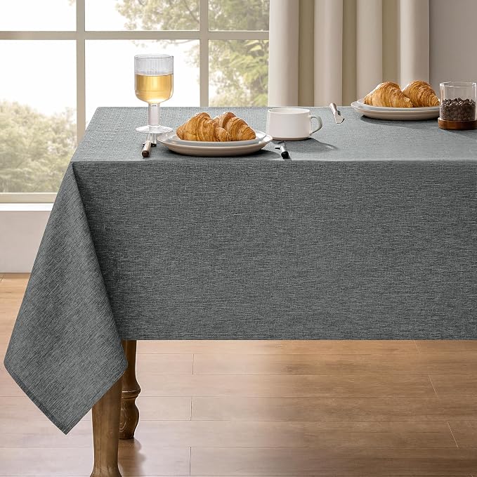 Decorelia Faux Linen Farmhouse Table Cloth 60"x84" for 4-6 ft Rectangle Table, Dark Grey Waterproof Outdoor Washable Cloth Tablecloth for Rectangular Dining Room Kitchen Outdoor Party Restaurant Decor