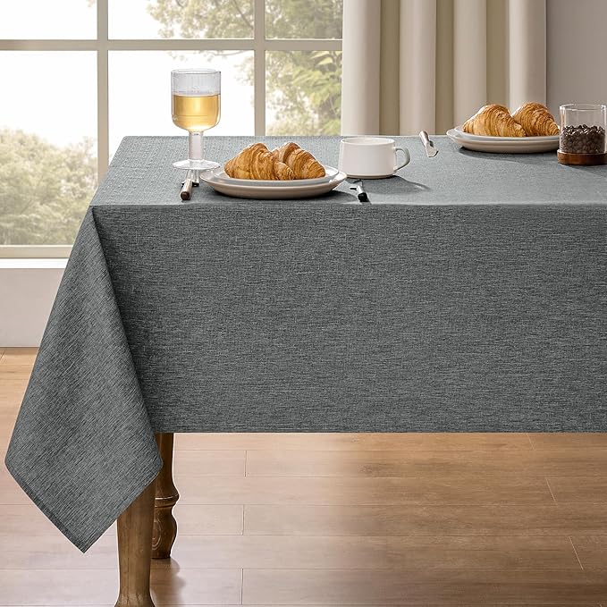 Decorelia Faux Linen Farmhouse Table Cloth 60"x104" for 6 ft Rectangle Table, Dark Grey Waterproof Outdoor Washable Cloth Tablecloth for Rectangular Dining Room Kitchen Outdoor Party Restaurant Table