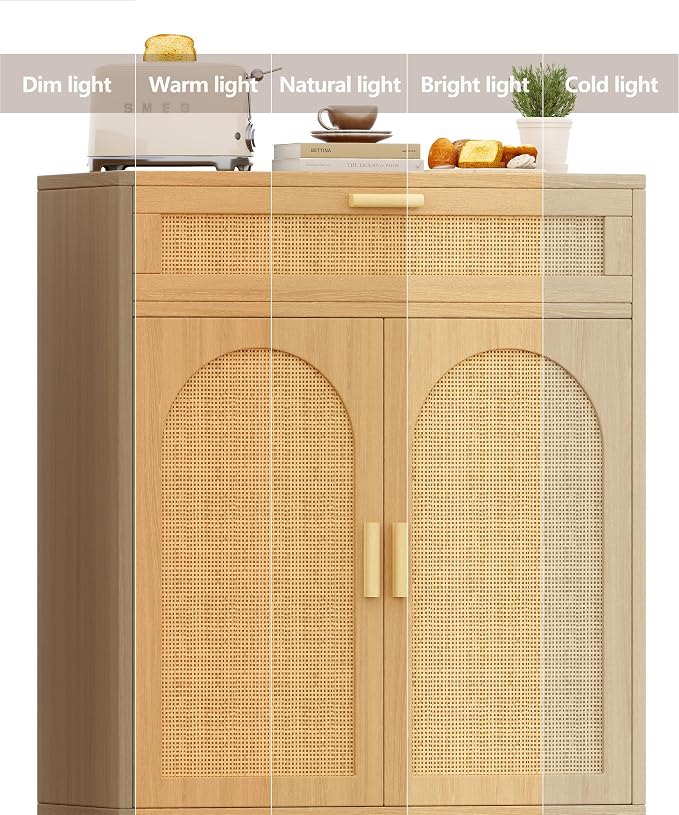 Keehusux Rattan Storage Cabinet with Drawer and 2 Doors, Natural Oak | Accent Sideboard Buffet Cabinet with Adjustable Shelf & Solid Wood Feets, Coffee Bar for Kitchen, Living Room, Entryway