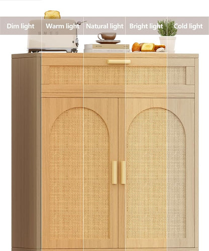 Keehusux Rattan Storage Cabinet with Drawer and 2 Doors, Natural Oak | Accent Sideboard Buffet Cabinet with Adjustable Shelf & Solid Wood Feets, Coffee Bar for Kitchen, Living Room, Entryway