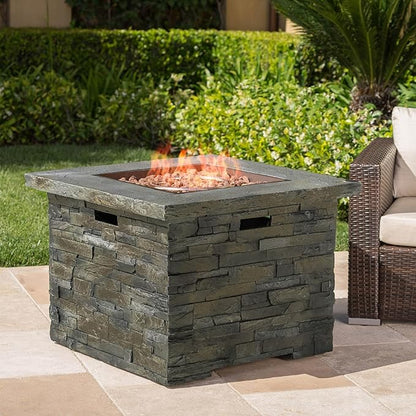 33'' Propane Fire Pit Table Hidden Tank Inside, 40,000 BTU Square Outdoor Gas Firepit with Auto-Ignition, Waterproof Cover for Patio Deck, Imitation Stone Concrete, CSA Certified, Gray