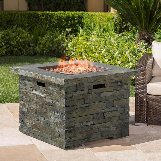 33'' Propane Fire Pit Table Hidden Tank Inside, 40,000 BTU Square Outdoor Gas Firepit with Auto-Ignition, Waterproof Cover for Patio Deck, Imitation Stone Concrete, CSA Certified, Gray