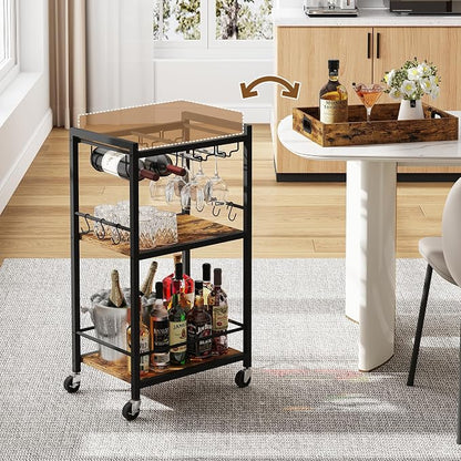 TUTOTAK Bar Cart with Wheels, Mini Drink Cart with Wine Rack & Glass Holder | 3-Tier 17 Inch Wide Home Bar Serving Carts, Small Mobile Kitchen Shelf with 6 Hooks, Rustic Brown BC01BB036
