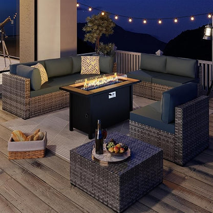 45 Inch Propane Fire Pit Table, 50,000 BTU Outdoor Gas Fire Pit for Patio & Backyard, 2-in-1 Firepit Dining Table with Glass Wind Guard, Blue Glass Rocks & Waterproof Cover, Walnut