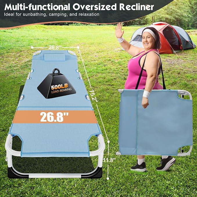 MOPHOTO Oversized Beach Lounge Chair, 5-Position Adjustable Tanning Chair with Face Hole, Heavy Duty Folding Chaise Lounge for Beach, Pool, Patio & Sunbathing