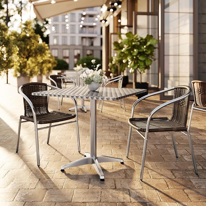 Flash Furniture Lila 31.5'' Square Aluminum Indoor-Outdoor Table Set with 2 Dark Brown Rattan Chairs | Aluminum Tabletop, Indoor/Outdoor