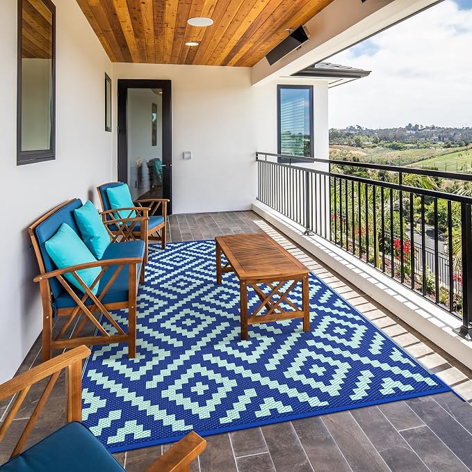GENIMO Outdoor Rug, Waterproof Plastic Rugs for Patio, 6'x9' Royal Blue | Outside Larger Modern Carpet Mat for Porch Decor, Deck, Balcony, Camping, RV, Backyard, Picnic, Beach, Reversible, Foldable