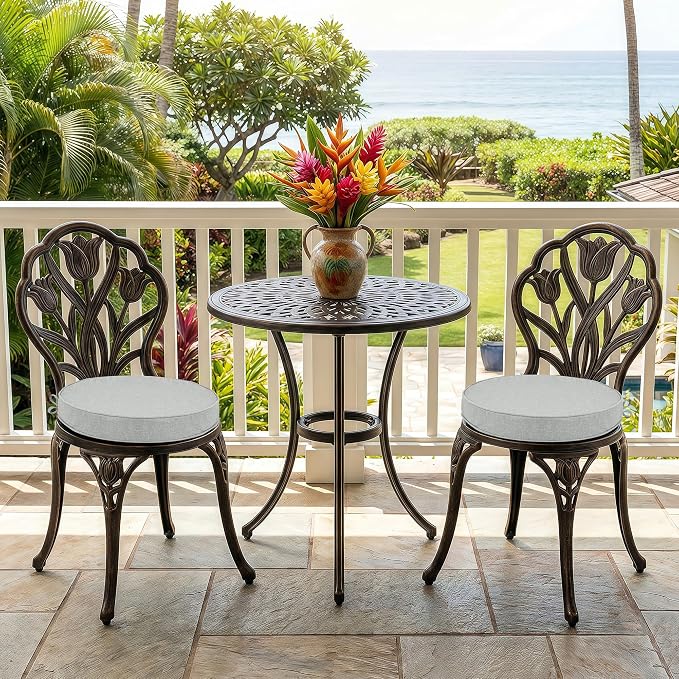 Outdoor Round Chair Cushions 15 Inch, Set of 2, Light Grey | Fade-Resistant, Water-Resistant, Bistro Chair Seat Pads for Porch Garden Balcony Patio Furniture Stools, Non-Slip Bottom