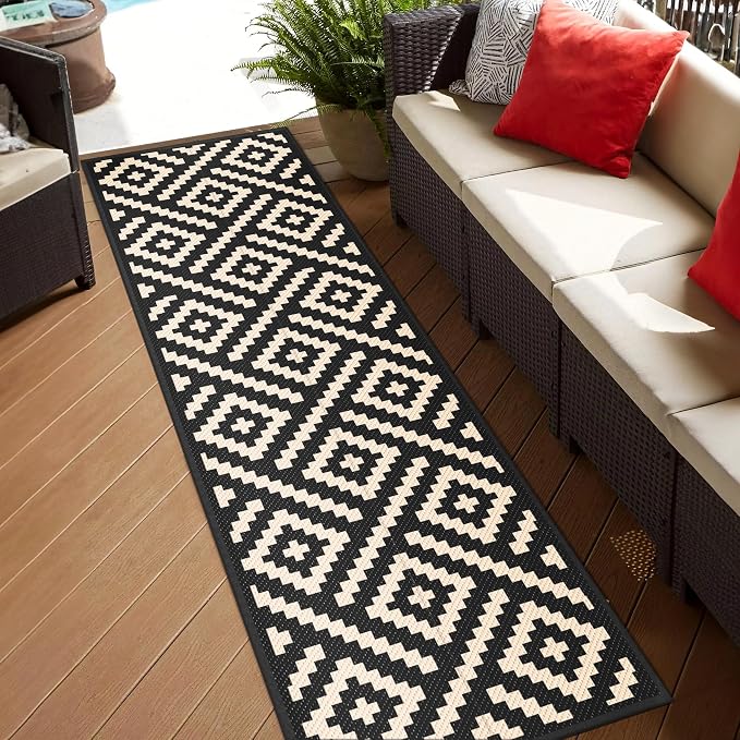 GENIMO Outdoor Rug, Waterproof Plastic Runner Rugs, 2.5'x8' Black Beige | Outside Modern Carpet Mat for Patio Decor, Porch, Deck, Balcony, Camping, RV, Picnic, Beach, Reversible, Foldable