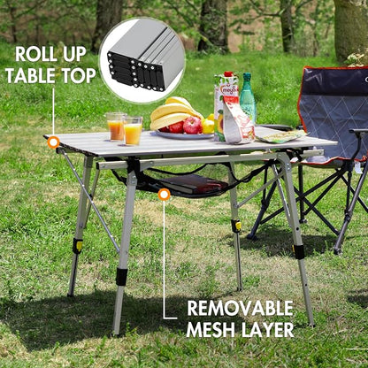 Portal Outdoor Folding Portable Picnic Camping Table with Adjustable Height Aluminum Roll Up Table Top Mesh Layer, Silver