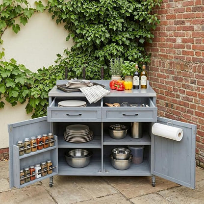 Merax Farmhouse 39.4" Grill Cart with Drawer, Storage Cabinet and Stainless Steel Top, Outdoor Grill Station w/Internal Racks & Lockable Wheels, Modular Kitchen Island for Food Prep & BBQ, Grey Blue