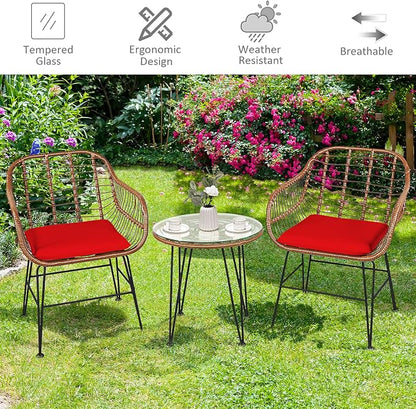 Tangkula 3 Pieces Patio Conversation Bistro Set, Outdoor Wicker Furniture w/Round Tempered Glass Top Table & 2 Rattan Armchairs, Bistro Chat Set w/Seat Cushions for Porch, Backyard, Garden