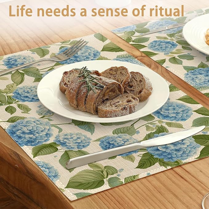 Placemats12x18 Inch,Blue Hydrangea Placemats,Vintage Floral Kitchen Dining Coffee Table Mats Set of 6 for Home Indoor Outdoor Party