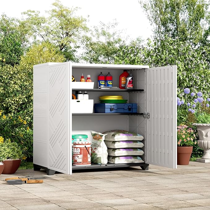 ZZM Indoor/Outdoor Storage Cabinet Waterproof, 34"x15"x34" Plastic Outdoor Storage Box for Garden Balcony Bathroom, All Weather Outdoor Storage Clearance, DIY Usage, with 2 Shelf (White)