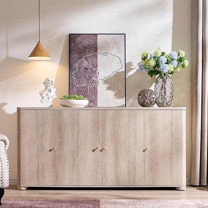 Curved Buffet Cabinet with Doors, 66" Large Sideboard Buffet Storage Cabinet with 4 Doors and Shleves, Modern Coffee Bar Station Wood Kitchen Table for Kitchen, Dining Room, Light Grey