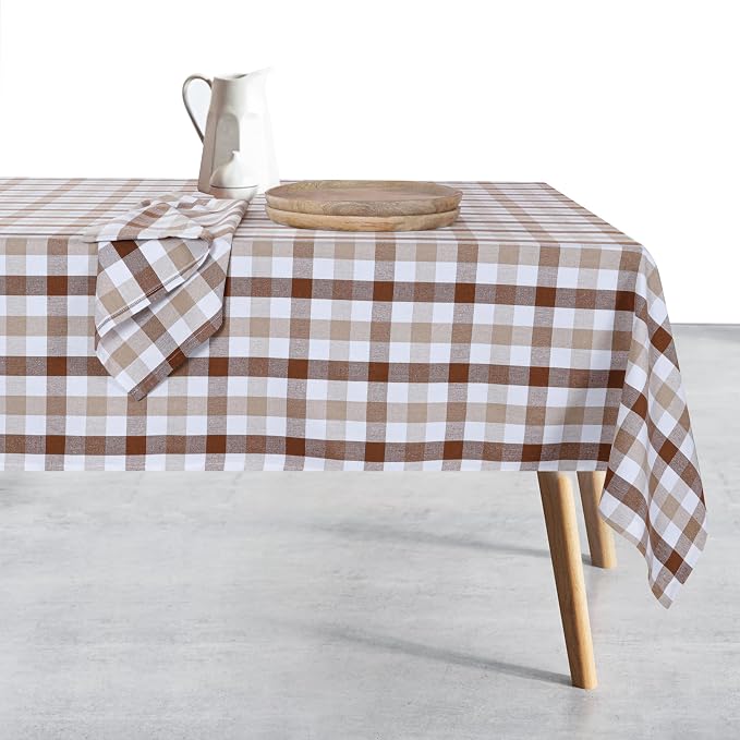 Gingham Tablecloth 52x70 Inch, 100% Cotton, Classic Check, Reusable & Machine Washable, Rustic Dining Table Cover for Kitchen, Holidays, Outdoor Gatherings, Brown, Beige White