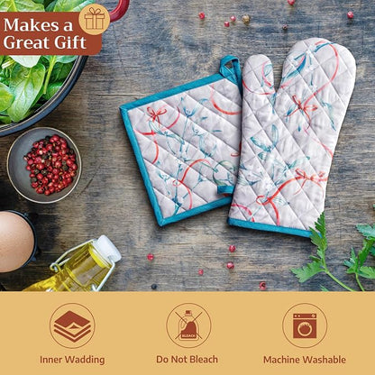 Maison d' Hermine 100% Cotton Oven Mitt & Pot Holder Set (7.5"x13" & 8"x8") Heat Resistant BBQ Cooking Gloves with Loop for Thanksgiving Christmas Decorations Handling Hot Pans (Enora)