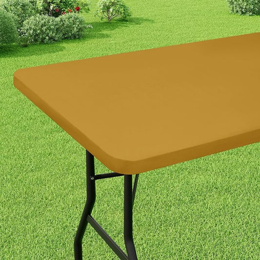 Smiry Rectangle Picnic Table Cloth, Waterproof Elastic Fitted Tablecloths for 8 Foot Tables, Washable Polyester Table Cover for Camping, Indoor and Outdoor (Camel, 30"x96")