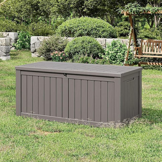 NUNU LAB 180 Gallon Outdoor Storage Box,Resin Large Sturdy Deck Box, Backyard Outside Storage Box Waterproof with Double Wall Panels,Package Delivery Garden Outdoor Hose