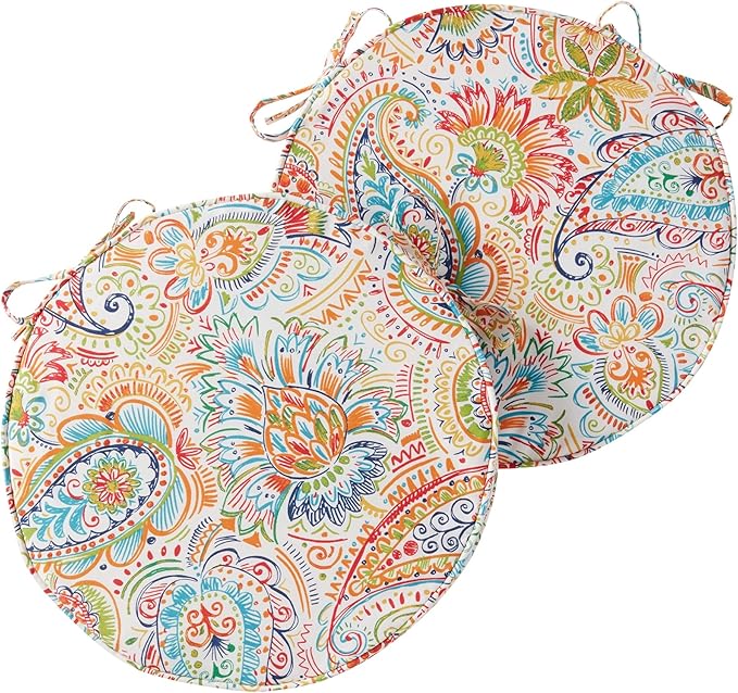 Set of 2 Outdoor 18 inch Round Patio Dining Chair Pads – Comfortable Fiber-Filled Seat Cushions with Ties, Reversible Polyester Fabric - Jamboree Paisley