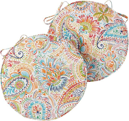 Set of 2 Outdoor 18 inch Round Patio Dining Chair Pads – Comfortable Fiber-Filled Seat Cushions with Ties, Reversible Polyester Fabric - Jamboree Paisley
