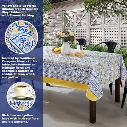 Home Bargains Plus Rectangle Vinyl Tablecloth with Flannel Backing, 60 x 102 Inch, Alluring French Country, Yellow and Blue Floral Vinyl Table Cover, Heavy Weight for Dining Party and Barbecues