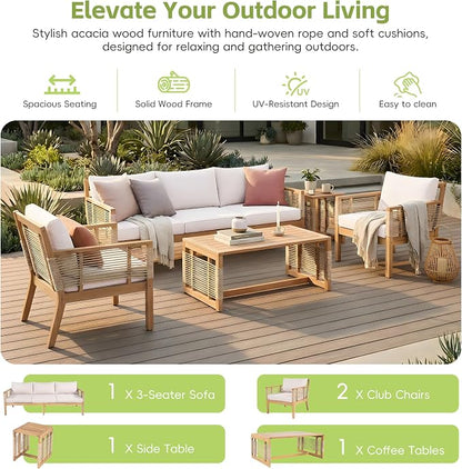 VilroCaz 5-Piece Patio Conversation Set, All Weather Sectional Sofa Set w/ 3 Seater Sofa, 2 Chairs and 2 Coffee Tables, Acacia Wood Outdoor Furniture Set with Woven Rope Accents and Cushions