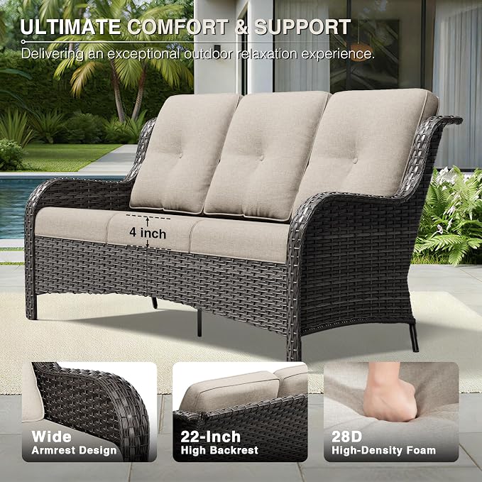 Joyside Outdoor Patio Couch, 3 Seater Outdoor Wicker Sofa with High Back, Deep Seating, Wide Armrest, Thickened Cushions, Patio Sofa for Deck, Porch Use