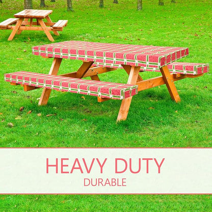 LINPRO 6ft Picnic Table Cover with Bench Covers Vinyl Fitted Picnic Table Covers with Elastic Camping Essentials and Picnic Tablecloth and RV Accessories