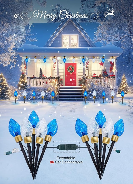 Brightown Strawberry Jumbo C9 Christmas Pathway Lights Outdoor -2 Pack Total 17 Feet 10 LED Jumbo C9 Walkway Lights, Christmas Light Outdoor Decorations for Lawn Outside Holiday, Blue & Pure White