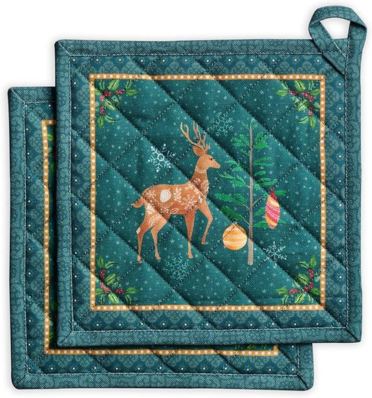 Maison d' Hermine Pot Holders Set 100% Cotton Heat Resistant Potholders 8" x 8" Hot Pads with Loop for Thanksgiving Christmas Decorations BBQ Baking Handling Hot Pans (Pack of 2, Hygge Christmas)