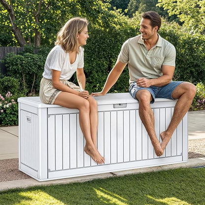 DWVO 320 Gallon Resin Outdoor Storage Box, XXL Double-Wall Waterproof Deck Box with Divider, Doubles as Table or Seating with 1000 lbs Capacity, Lockable (Grayish-White)
